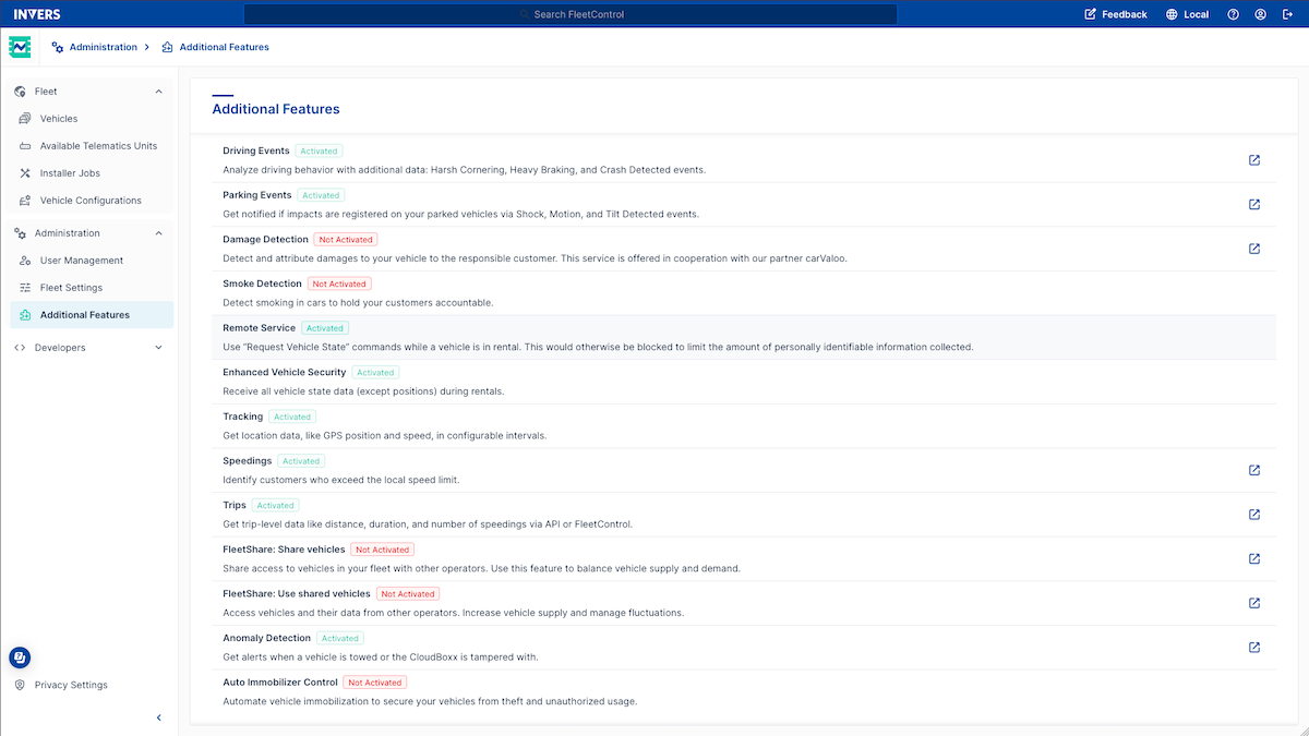 Image of the Additional Features available for Fleetcontrol 2.0