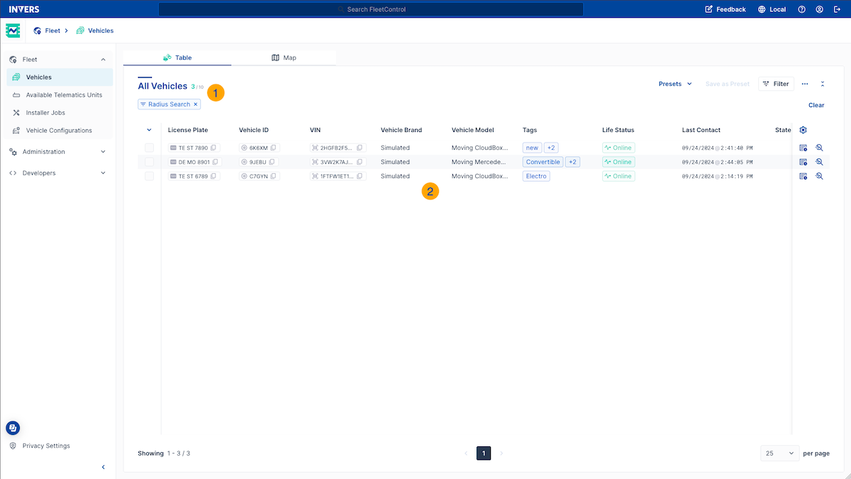 Search Results of Radius Search in Vehicle Table