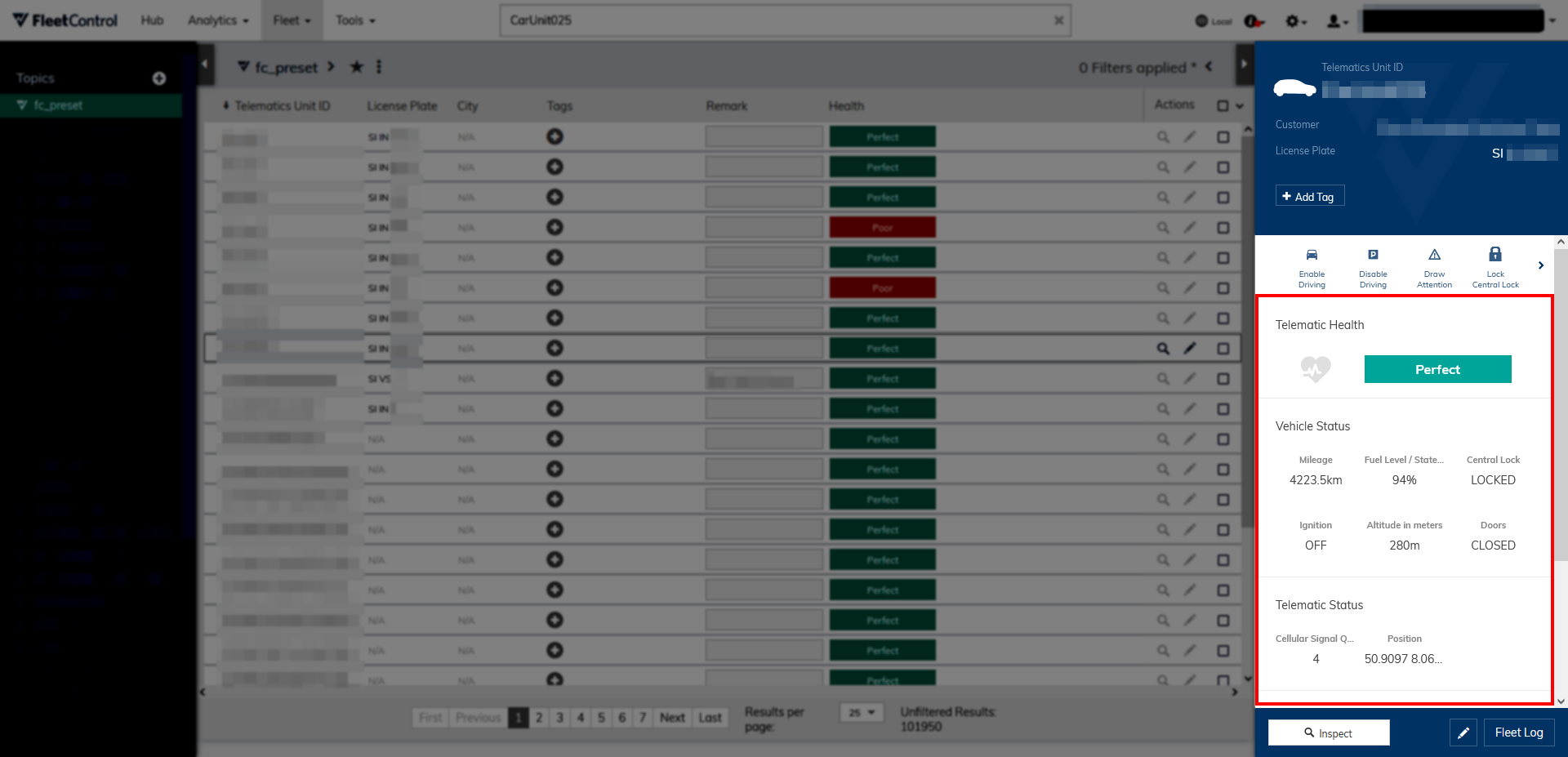 Fleet Viewer Control Panel Status Data