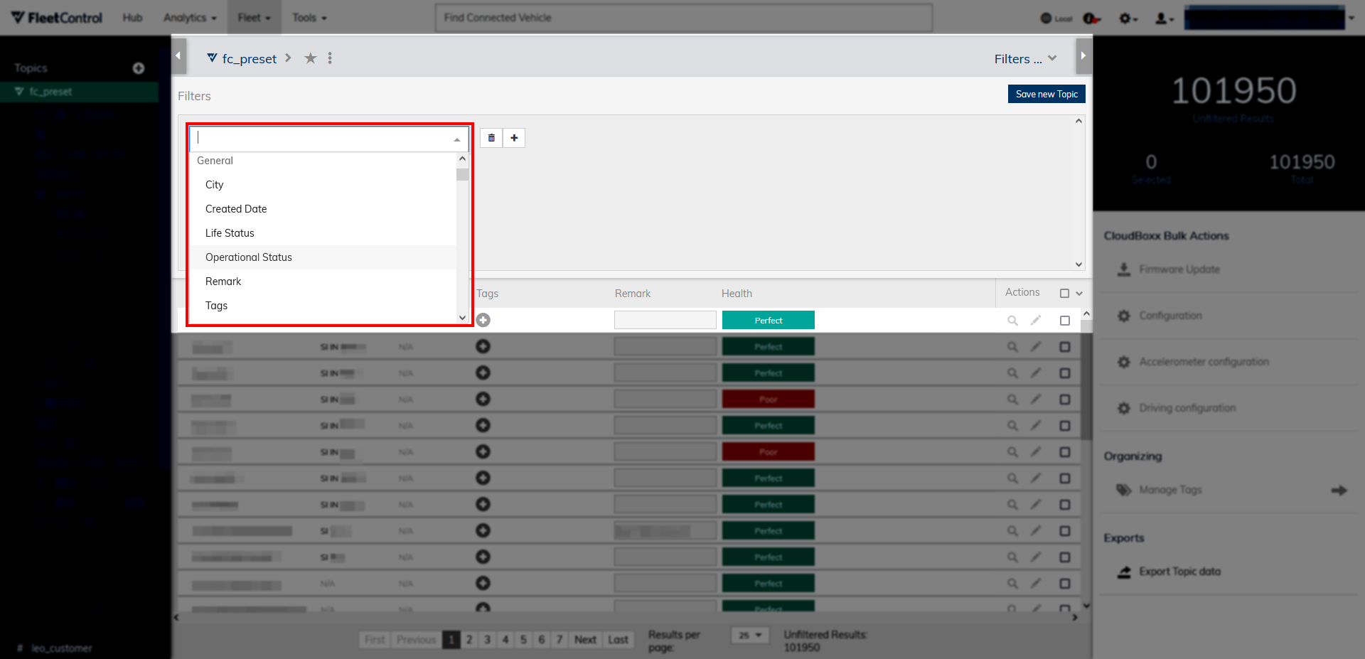 Fleet Viewer Filter Dropdown