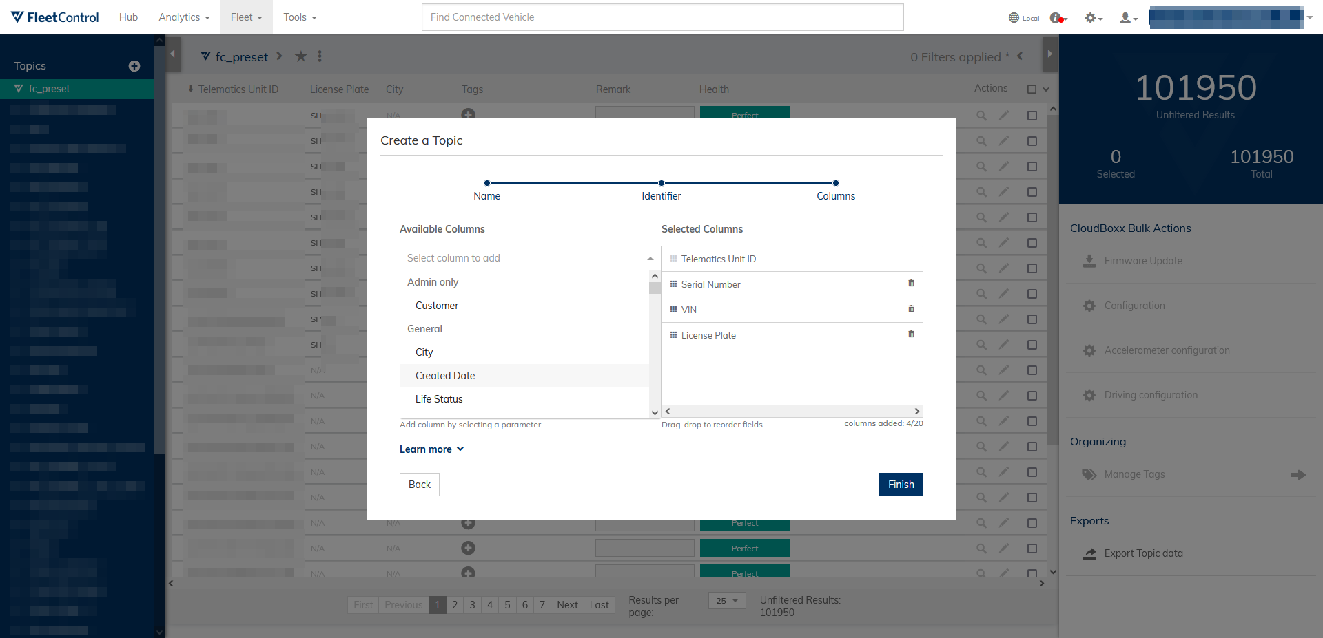 Fleet Viewer Topics Columns